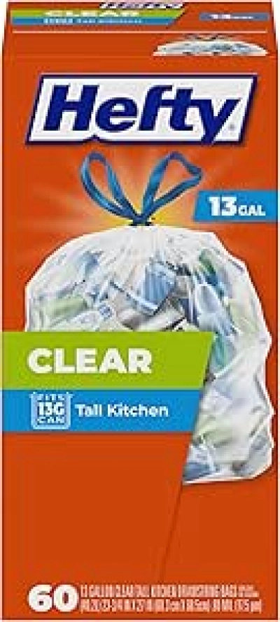 Hefty Clear Trash Bags 13 Gallon - 60 Count Drawstring Kitchen Garbage Bags