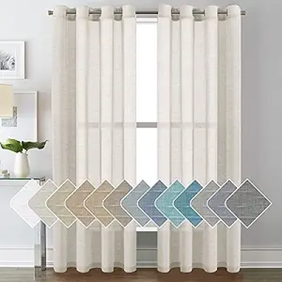 Natural Linen Sheer Curtains 84 inches - Nickel Grommet Panels for Living Room