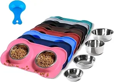 Hubulk Stainless Steel Dog Bowls with No-Spill Mat - Food & Water Feeder Set for Dogs, Cats & Puppies
