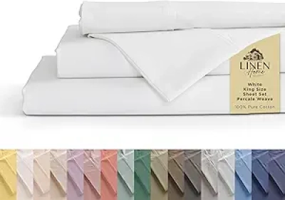 100% Cotton Percale King Size Sheets Set - Hotel Quality, Deep Pocket, 4 Pieces
