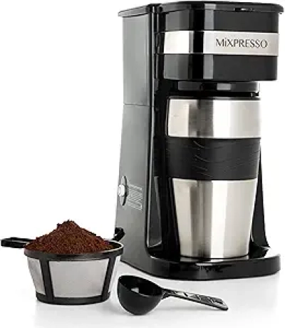 Mixpresso Black Single Serve Coffee Maker with Travel Mug - Compact Drip Brewer