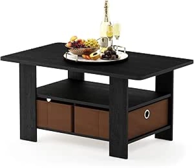 Furinno Andrey Small Coffee Table with Storage Bin Drawer | Modern Americano Design