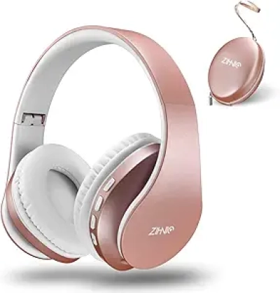 ZIHNIC Bluetooth Over-Ear Headphones - Foldable Wireless Headset with Mic SD Card FM (Rose Gold)