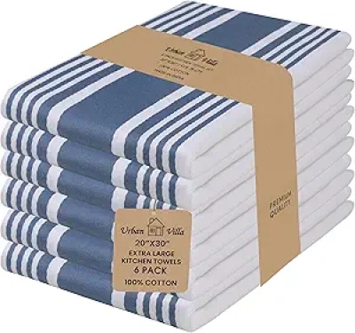 Premium 100% Cotton Kitchen Towels Set of 6 - Highly Absorbent Dish Cloths with Hanging Loops
