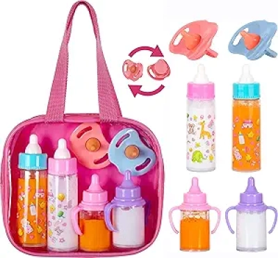 Baby Doll Accessories Set - 6-in-1 Diaper Bag with Magic Bottles & Doll Care Kit