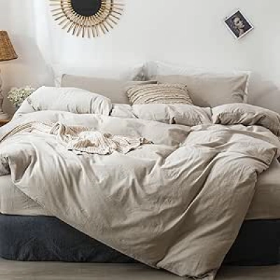 MooMee 100% Washed Cotton Queen Duvet Cover Set - Soft Linen-Like Breathable Bedding
