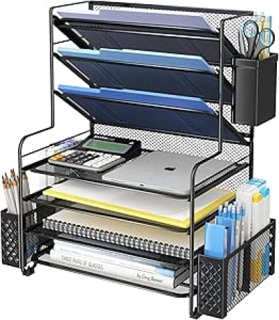 7 Tier Desk File Organizer with Pen Holder - Metal Letter Tray for Office