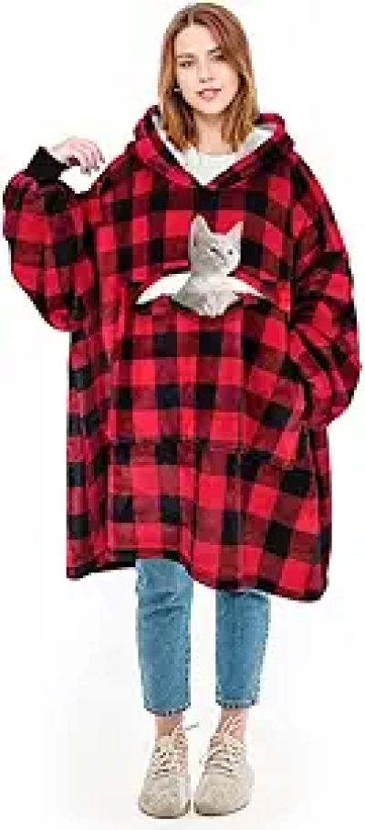 Solaris Oversized Sherpa Wearable Blanket Hoodie with Pet Pocket | Ultra Cozy Plaid