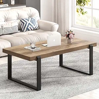 FOLUBAN 47 Inch Rustic Oak Coffee Table - Industrial Wood & Metal Design