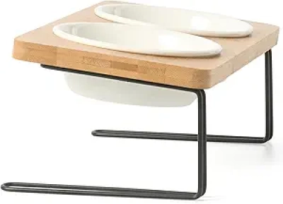 FUKUMARU Elevated Cat Ceramic Bowls - 15° Tilted Raised Feeder Set with Bamboo Stand