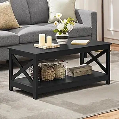 Black Wood Coffee Table with Storage Shelf - 39.5" X Design Living Room Furniture