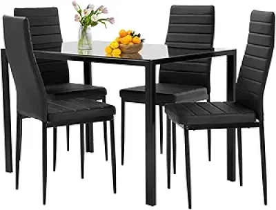 5-Piece Glass Dining Table Set with 4 Cushioned Chairs | Modern Black Kitchen Table