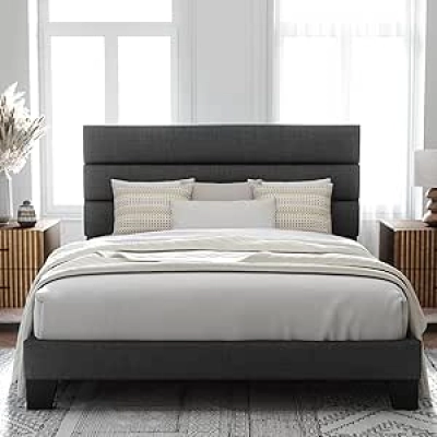 Queen Size Platform Bed Frame with Upholstered Headboard & Wooden Slats - Dark Grey
