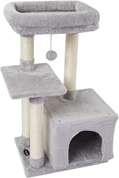 Grey Cat Tree Tower with Sisal Scratching Posts - Portable Indoor Cat Condo