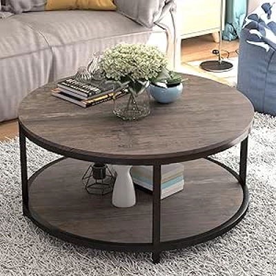 36" Round Coffee Table with Storage Shelf - Rustic Walnut Wood & Metal Legs