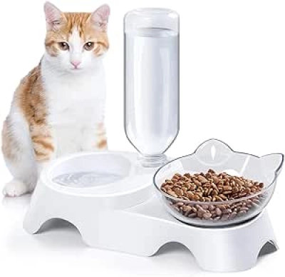 Automatic Dog Cat Water Feeder Bowl Set - 15° Tilted Dual Bowl Dispenser