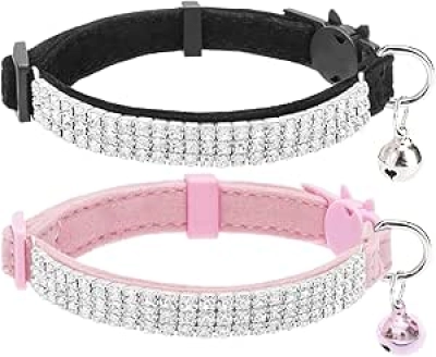Soft Velvet Breakaway Cat Collars for Girls & Boys - 2 Pack Rhinestone Bling, Adjustable Kitten to Senior Cat Collars with Bells