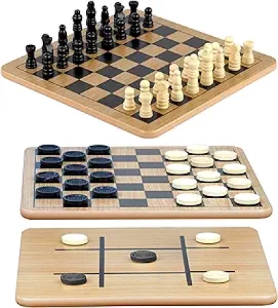 3-in-1 Reversible Wooden Chess, Checkers & Tic-Tac-Toe Board Game Set