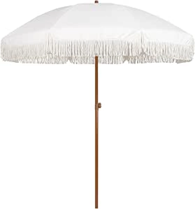 7ft Patio Umbrella with Fringe UPF50+ Premium Steel Pole & Push Button Tilt