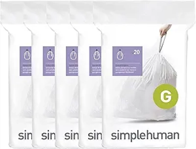 simplehuman Code G Drawstring Trash Bags 100 Count - Custom Fit 8 Gallon Liners