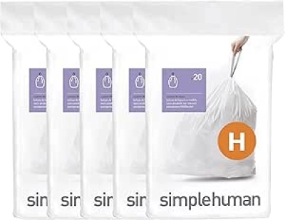 simplehuman Code H Trash Bags 100 Count - Custom Fit 8-9 Gallon Liners with Drawstring