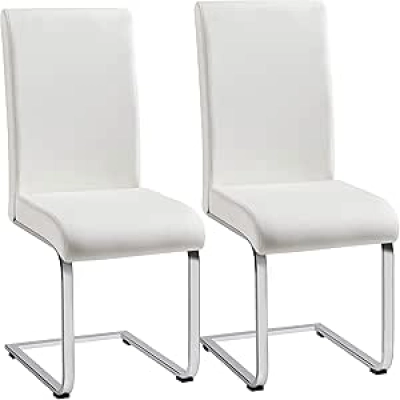 Set of 2 Modern White Dining Chairs - Faux Leather High Back with Chrome Legs