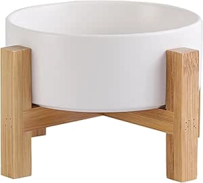 Elevated Ceramic Cat Bowl with Bamboo Stand - Anti-Vomiting Raised Pet Dish