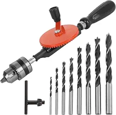 3/8" Manual Hand Drill with 8 Drill Bits - Double Pinion Design for Wood, Metal & Plastic