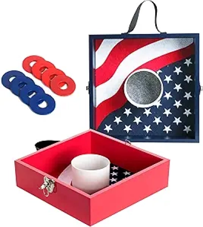 Wooden Washer Toss Game Set - Indoor/Outdoor Cornhole Alternative with 2 Boards & 8 Washers