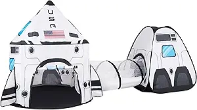 JOYIN White Rocket Ship Pop Up Play Tent with Tunnel - Indoor Outdoor Spaceship Playhouse for Kids