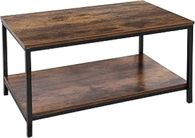 Industrial 2-Tier Coffee Table with Storage - Rustic Brown Metal & Wood TV Stand