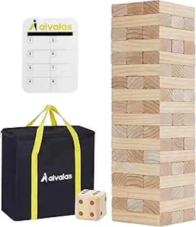 Giant Timber Blocks Tower Game - 57 Piece Wood Stacking Set with Carry Bag