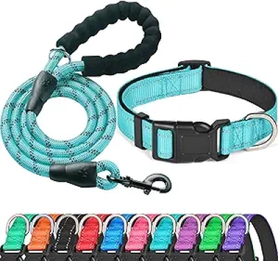 Reflective Padded Dog Collar with Free Leash - Neoprene Nylon for Small Medium Large Dogs