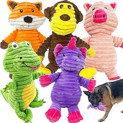 5-Pack Plush Dog Squeaky Toys for Medium & Large Dogs - Durable Corduroy
