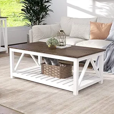ChooChoo Farmhouse Coffee Table 40" - Rustic White & Brown Living Room Table with Storage Shelf