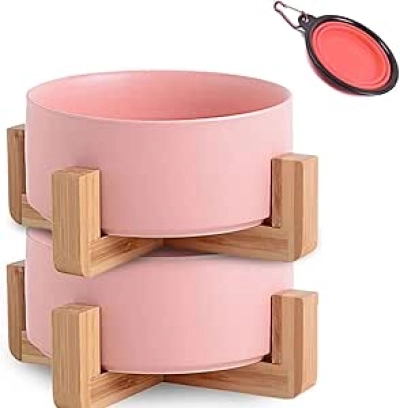 Pink Ceramic Dog Cat Bowl with Wood Stand - 13.5 oz Pet Dish Set