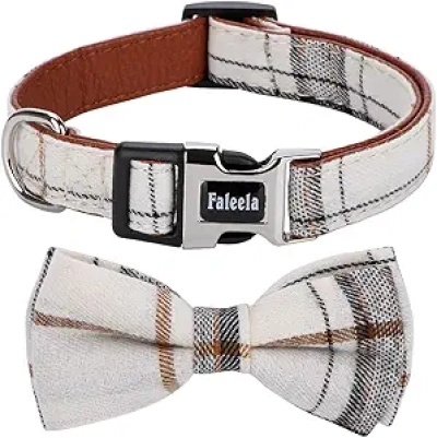 Faleela Soft & Comfy Detachable Bow Tie Dog Collar - Adjustable Small Medium Large Pet (Beige)