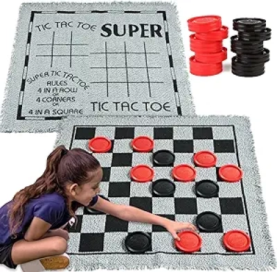 3-in-1 Vintage Giant Checkers & Tic Tac Toe Game with Reversible Mat