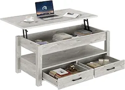 Rolanstar Lift Top Coffee Table with Hidden Storage - Grey Wood Industrial Design
