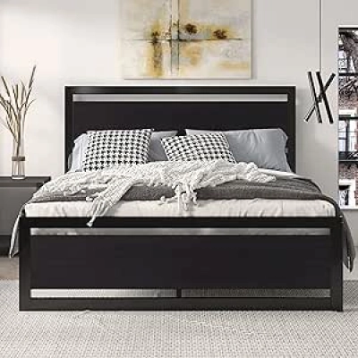 SHA CERLIN Queen Size Metal Bed Frame with Modern Headboard - 900 lbs Heavy Duty Platform