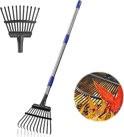 Adjustable Garden Leaf Rake - 78" Heavy Duty Rake with 11 Metal Tines