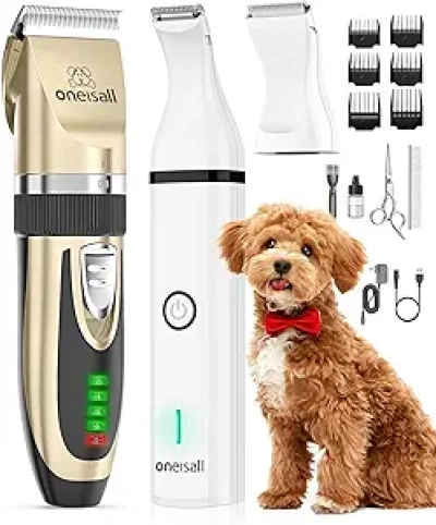 oneisall Dog Clippers and Paw Trimmer Kit 2 in 1 - Low Noise Cordless Pet Grooming Clippers