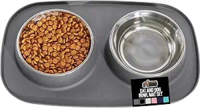 GORILLA GRIP Waterproof Pet Feeding Mat Set with Stainless Steel Bowls - Non-Slip