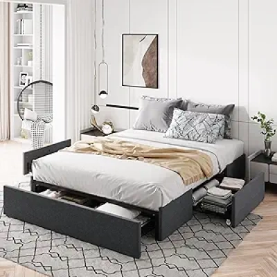 Queen Size Platform Bed Frame with Storage Drawers - Dark Grey Upholstered