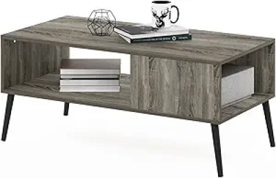 Furinno Claude Mid Century Coffee Table with Storage - French Oak Grey
