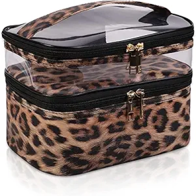 Leopard Double-Layer Waterproof Makeup Bag - Travel Cosmetic Organizer for Women