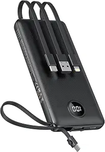 VEEKTOMX 10000mAh Portable Charger with Built-in Cables - Fast Charge Power Bank for iPhone & Android