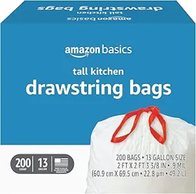 Amazon Basics 13 Gallon Tall Kitchen Drawstring Trash Bags - 200 Count