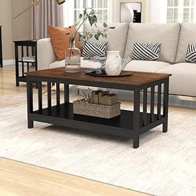 ChooChoo 40 Inch Black Mission Style Coffee Table with Storage Shelf