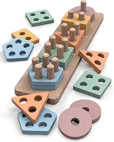Montessori Wooden Shape Sorter & Stacking Puzzle Toy for Toddlers 1-3 Years